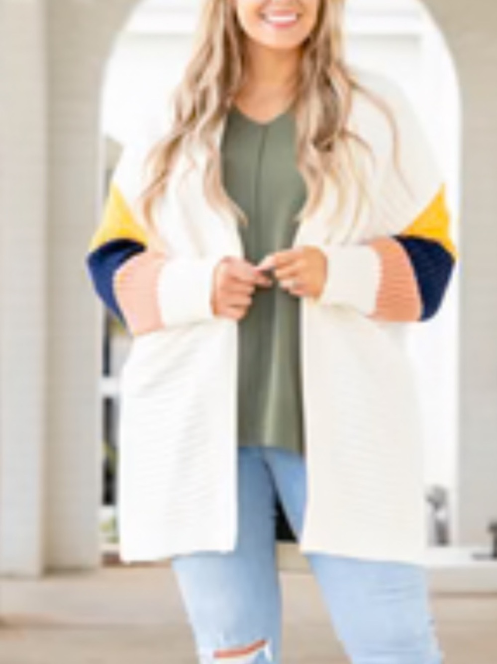 Cozy Casual Cream Open-Front Cardigan with Navy, Mustard & Blush Accents
